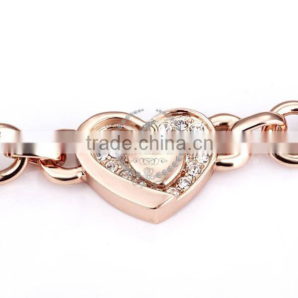 18KGP rose gold plated crystal rhinestone lovers' heart women flower bangle bracelet fashion jewelry B002