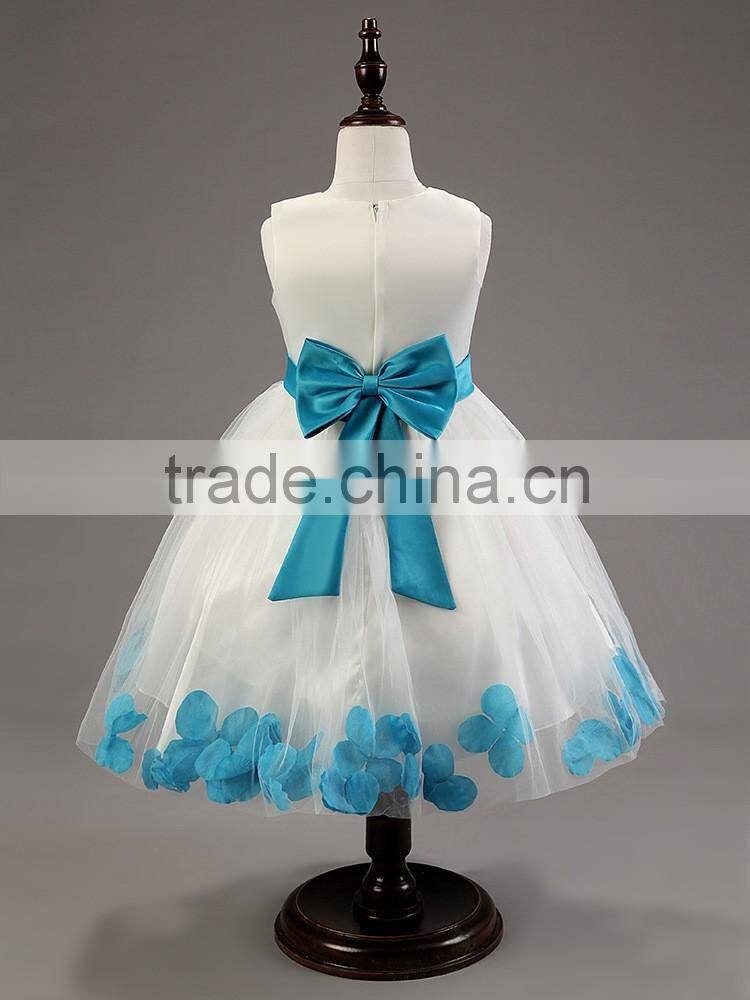 New Cute Sleeveless O-Neck Waist Flower Back Bow Petal Hem Cute Dress Communion Flower Girl Pageant Illusion Petal Dress
