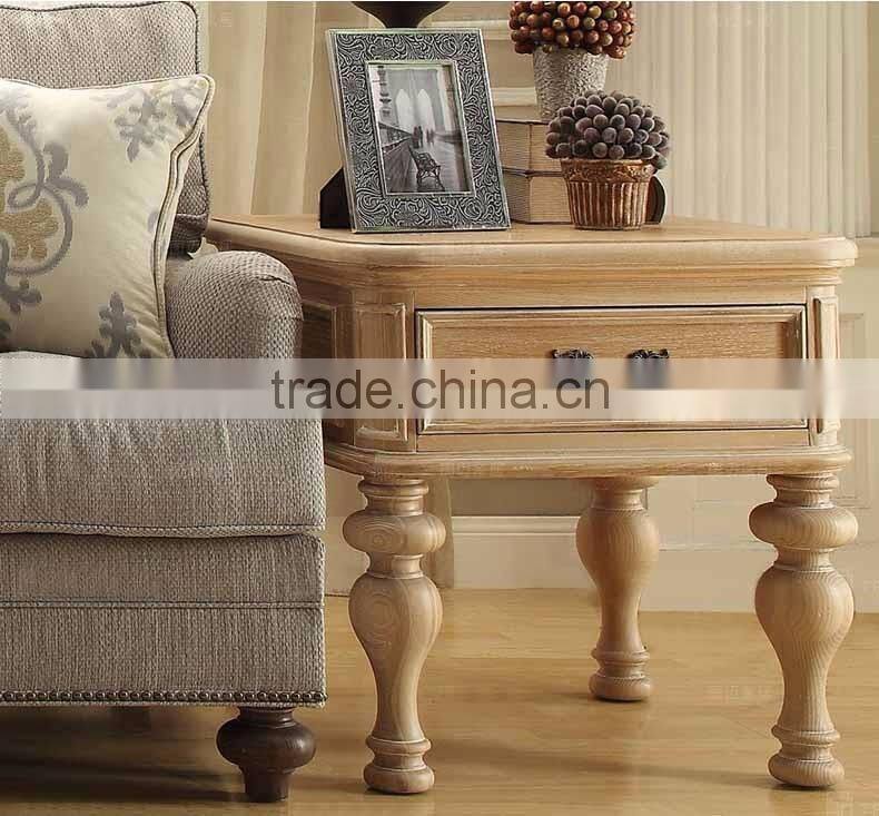 Original wood color solid wood hand carved four legs square side table with drawer
