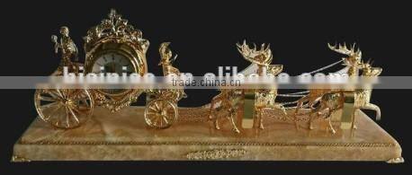 Cast Metal Clock With Marble Base, Deer Driving Cart Desk Clock/Mantle Clock