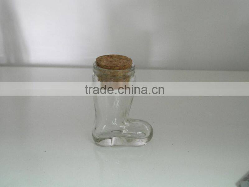 mini unique boots shape glass storage canister with cork stopper