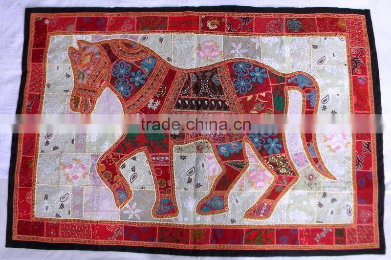 Indian Old Fabric Wall Decor With Horse Figure - Handworked Cotton Fabric Patchwork Wall Hanging Tapestry