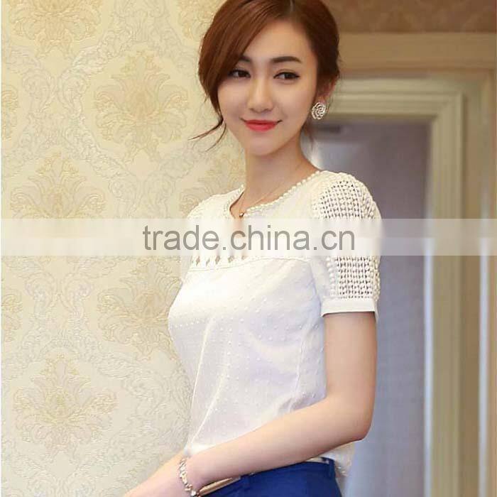 2015 Lady Women Clothing Short Sleeve Shirt O Neck Doll Chiffon Lace Blouse Tops Plus Size XXL
