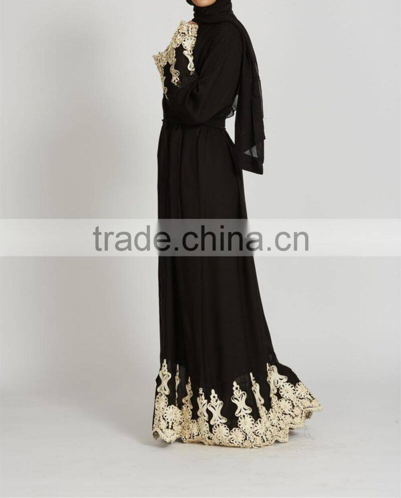 Dubai clothing OEM Beautiful lace detailing Pop up buttons Cream Lace Open Jacket Abaya