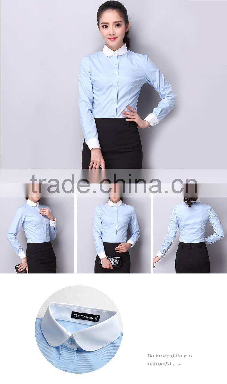 2015 Fashionable collar plain light white and blue lady blouse for women