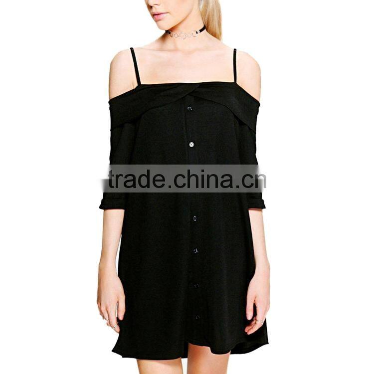 HAODUOYI Fashion Soild Spaghtti Strap Women Dress Off Shoulder Backless Three Quarter Sleeve Lady Mini Dress for Wholesale