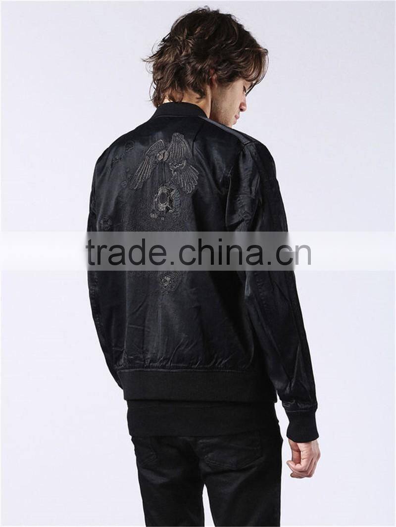 MGOO New Arrival Black Bomber Jackets For Men Long Sleeves Embroidery Tops Zip Up Winter Coat