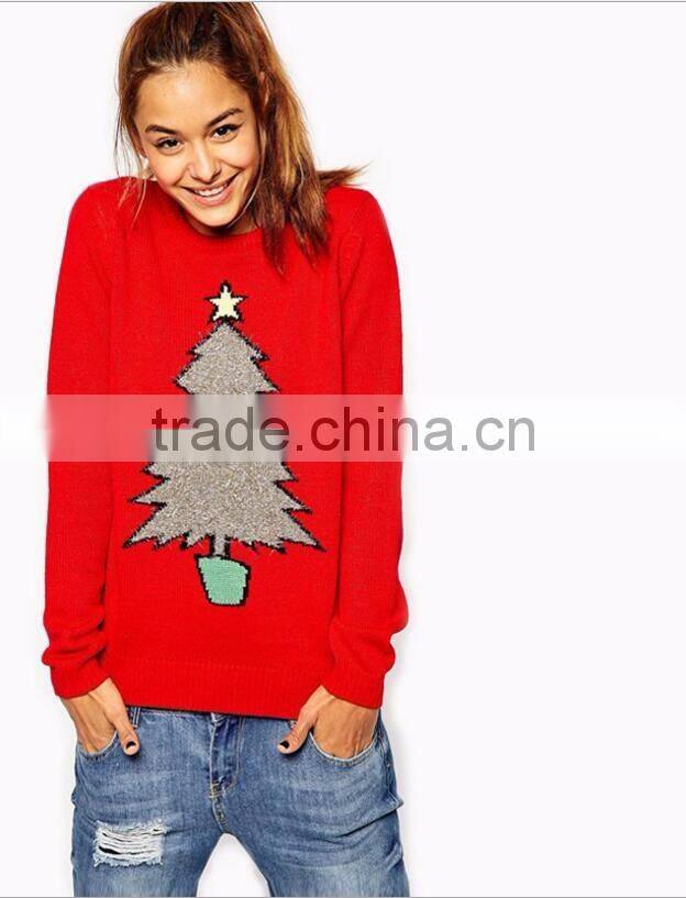 Merry Christmas Ladies Knitwear Crew Neck Cotton Sweater Red In Stock Women Clothings