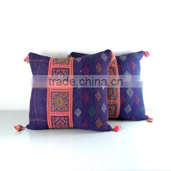 pair of purple kantha quilt cushion covers with hmong detail, kantha cushions, kantha pillow case, ooak