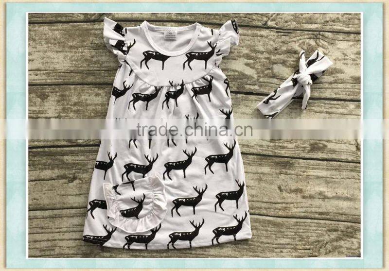 Children latest fashion dress designs white flutter sleeve print deer christmas dress toddler girl dress