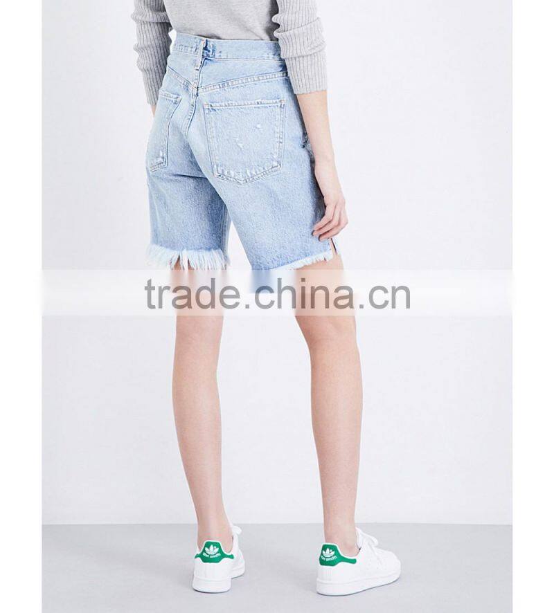 2017 hot sale OEM fashion style high-rise cotton boyfriend blue denim jeans shorts