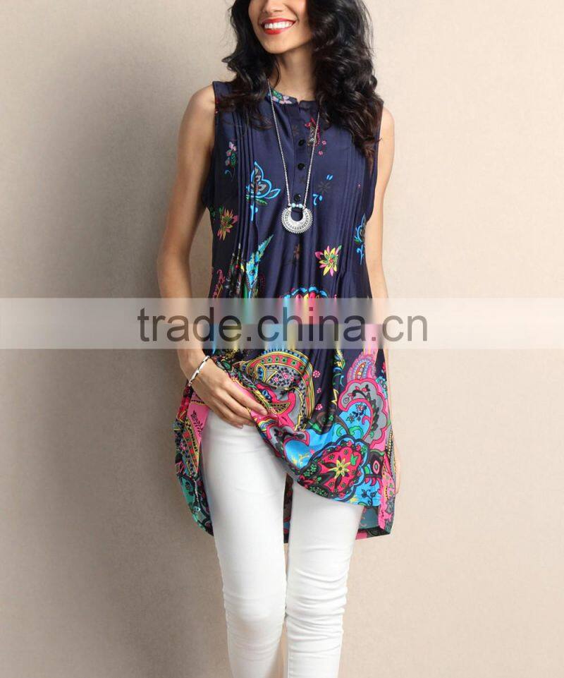 Best Sellers Women Tops With Navy And Fuchsia Paisley Notch Neck Pin Tuck Sleeveless Tunic Women Blouse Women Clothes GD90426-6
