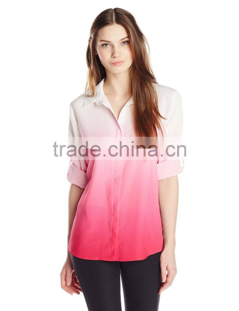 Women's Dip Dye Roll Sleeve gradient Top shirt clothes
