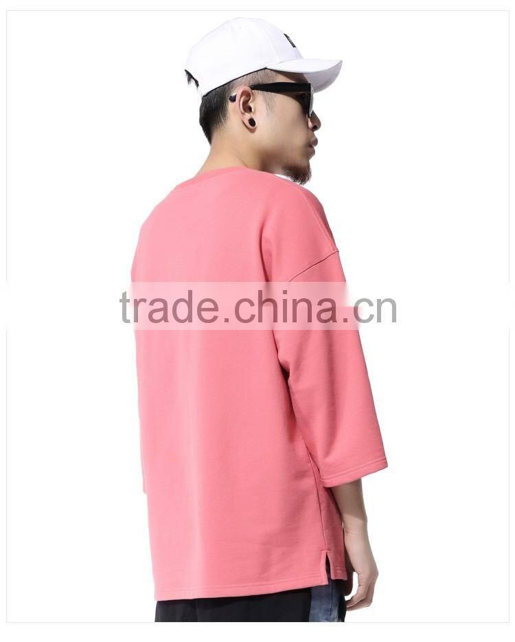 Mens pink side slit thick 3/4 sleeve loose t shirt
