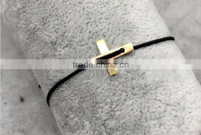 Stainless Steel Small Christian Cross Charm Elastic Black String Adjustable Bracelet Hand Braid Simple Stretching Cord Bracelet