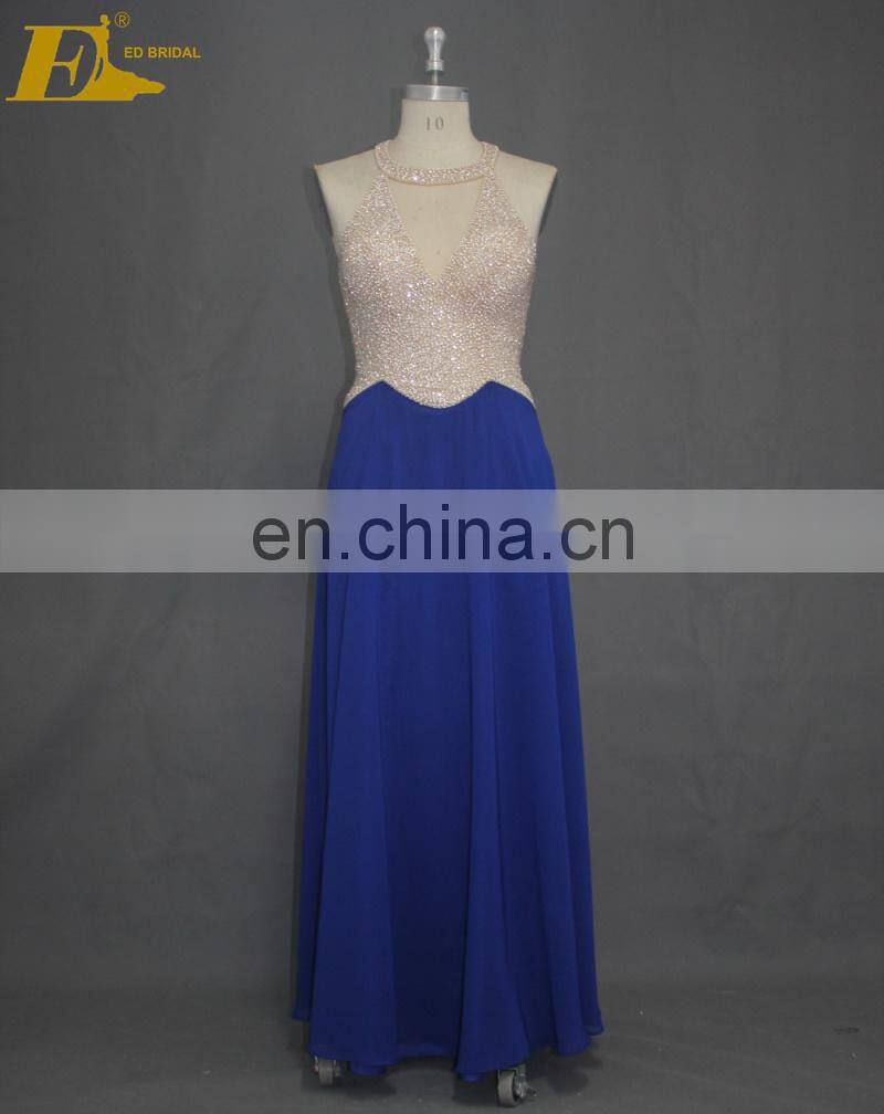 Bling Bling Beaded Halter Top Long Blue Chiffon Evening Prom Dress 2017