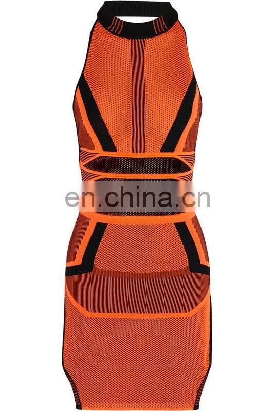 2017 latest orange sleeveless halter backless jacquard weave mini bandage dress for birthday party