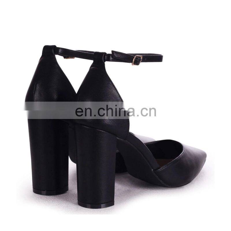 Women new stylish ankle strap design high heels black nappa court shoes ladies block heel sandals