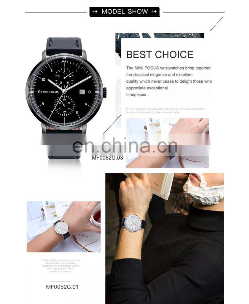MINI FOCUS 0052 Men Quartz New Leather Band Watch Popular Chronograph Relojes Hombre Deportivo simple watch