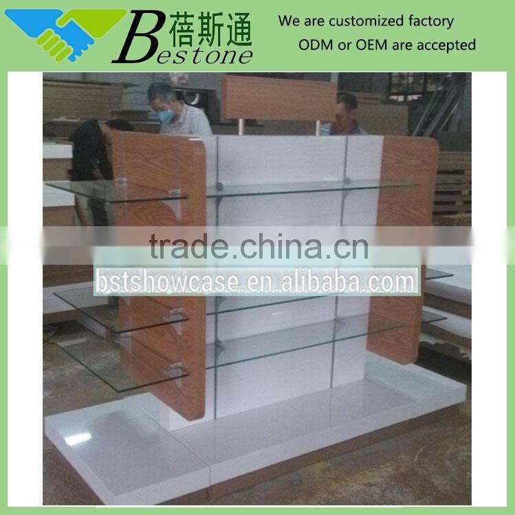 Modern tempered glass wood gondola shelving for supermarket, gondola carts