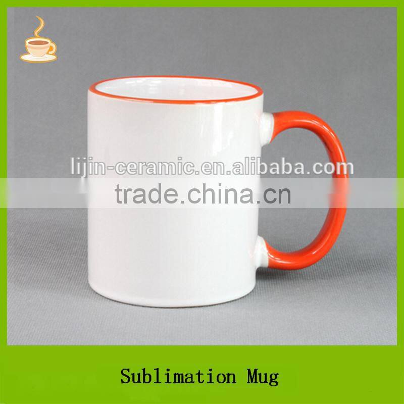 White coated with color handle and rim on the mouth cheap sublimation ceramic mug, T/T