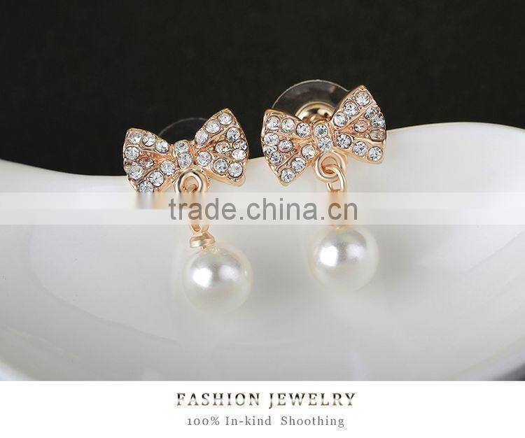 Fashion Popular Pearl Full Rhinestone Bowknot Crystal Earrings Necklace Bangle Ring Jewelry Sets Wholesale