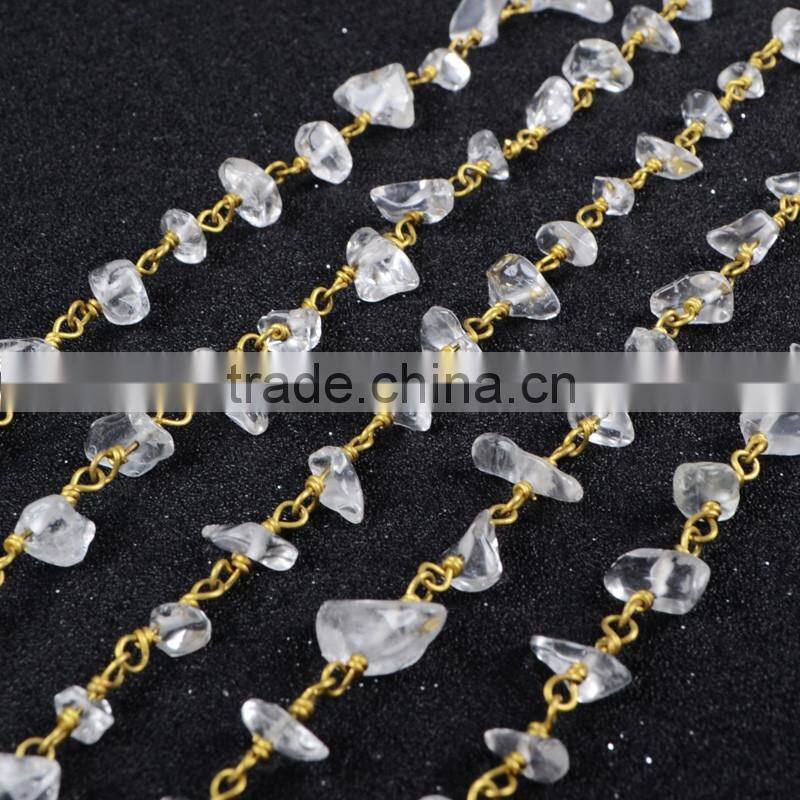 Silver & Gold Plated Clear Quartz Handmade Bead Wire Wrapped Rosary Chain Roll