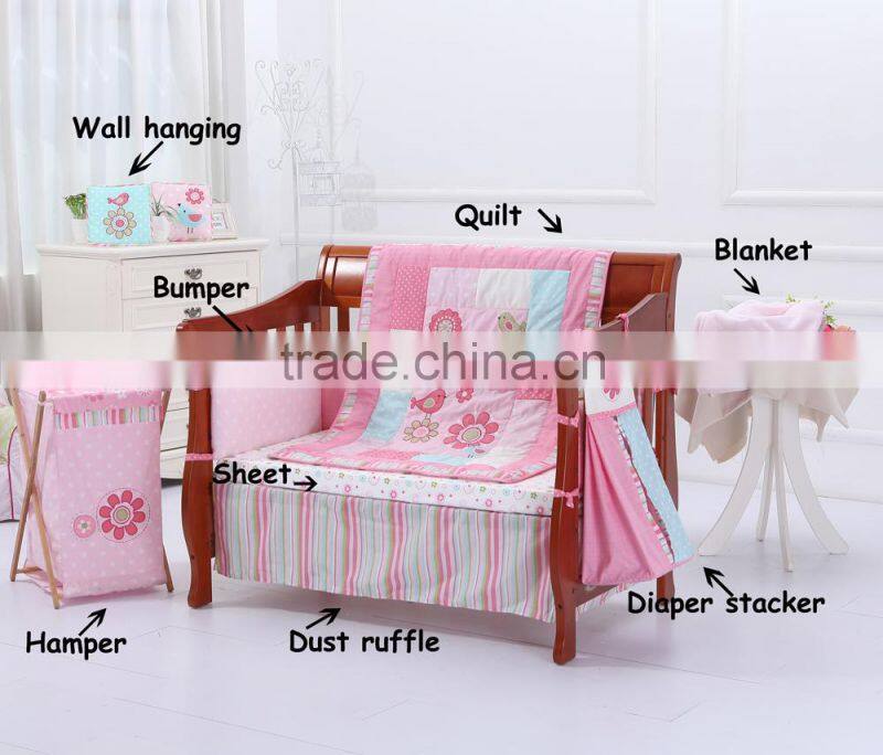 100%Cotton Crib Bedding Happy Birds Baby Girl Bedding Set