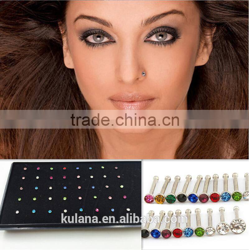 NR9117 Unusual I Shape Multicolor CZ Steel Nose Stud Piercing Jewelry Nose Ring