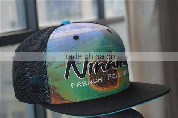promotional sublimation printed 3d embroidery logo flat brim mesh hat