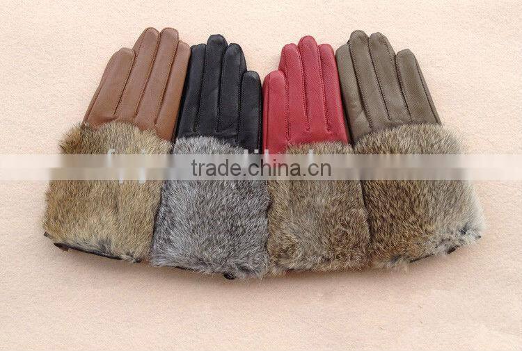 lady lambskin leather fashion glove with rabbit fur back