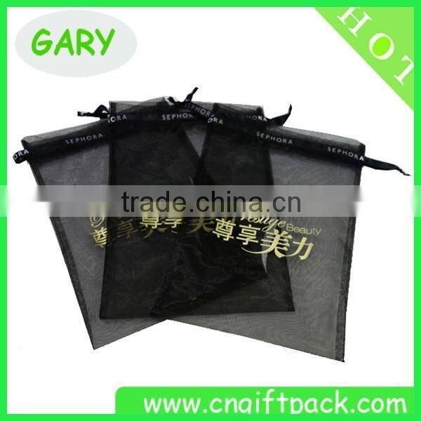 Custom Printed Black Organza Bag with Gold Logo Ribbon