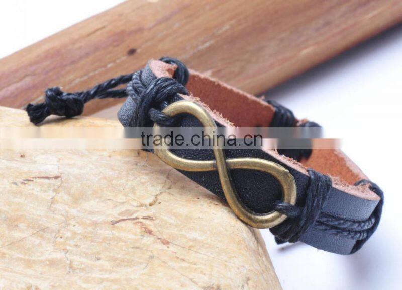 Genuine Leather Bracelet with Antique Brass Simple "8" Accessory.