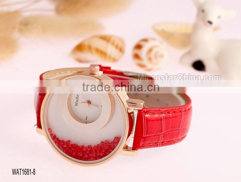 Elegant Women Quicksand Faux Leather Band Bracelet Round Dial Analog Wrist Watch