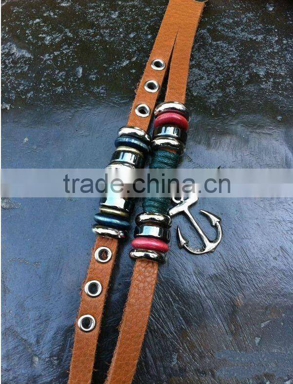 cheap simple ladies genuine leather beads bracelets with anchor metal drop
