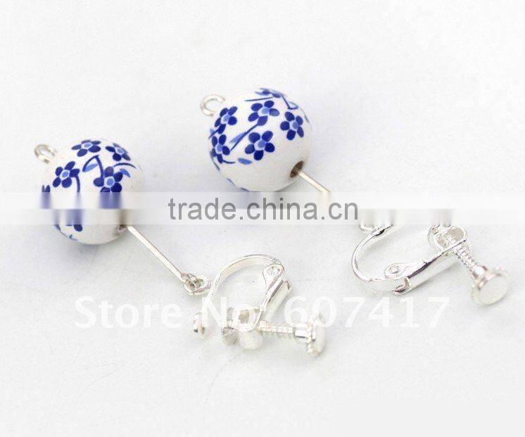blue flower printed Qinghua porcelain ball shaped drop earings with clips
