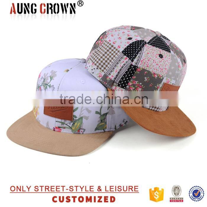 Flower printing fabric leather patch 6 panels snapback caps