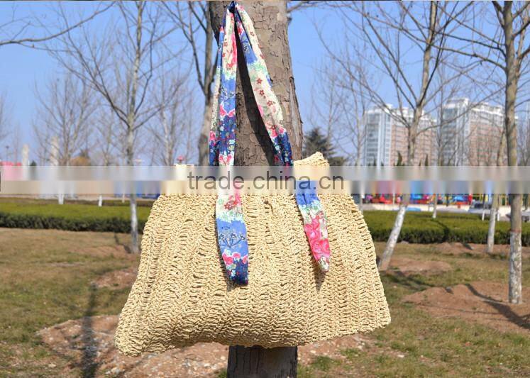 paper straw color women beach tote bag with cloth handle