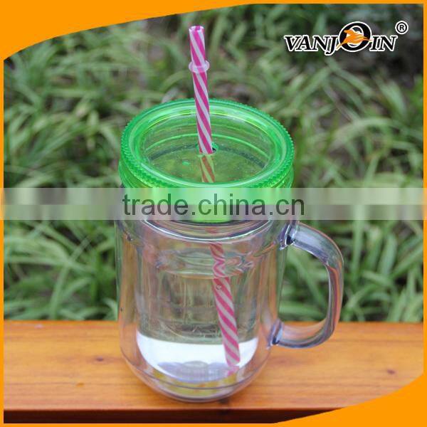 Custom plastic mason jars bottles with straw and handle