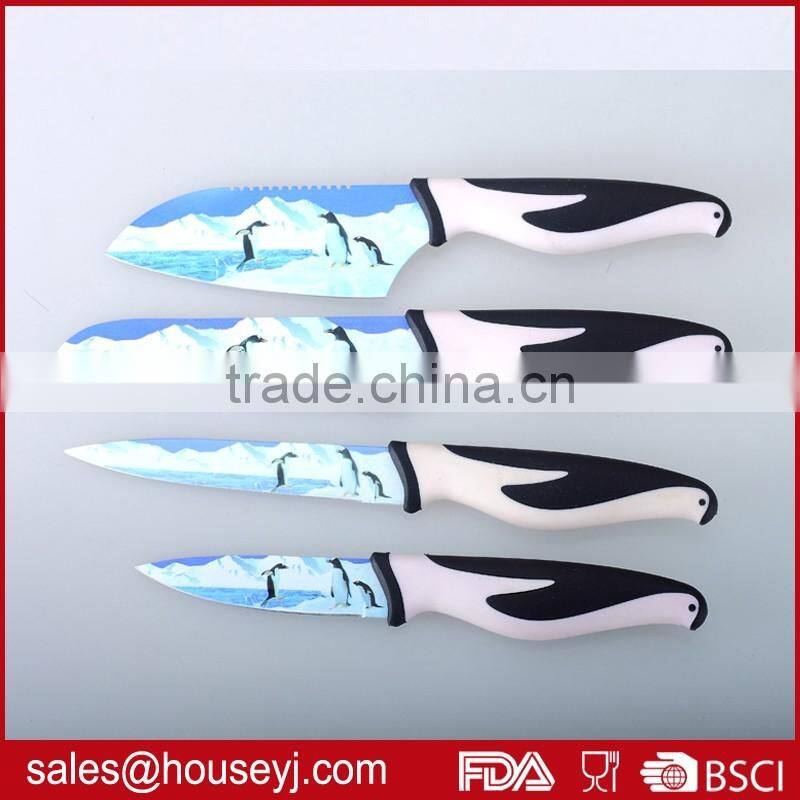5 pcs kitchen knife set with plastic rotatable knife block blade with printing coating