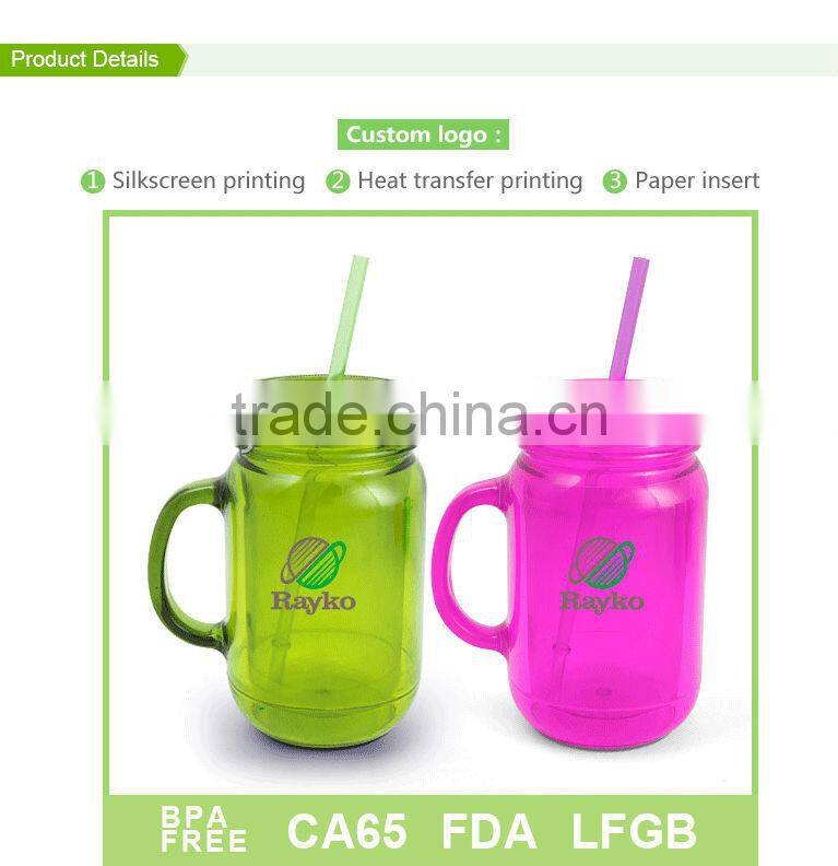 24OZ double wall plastic straw manson jar with handle and straw