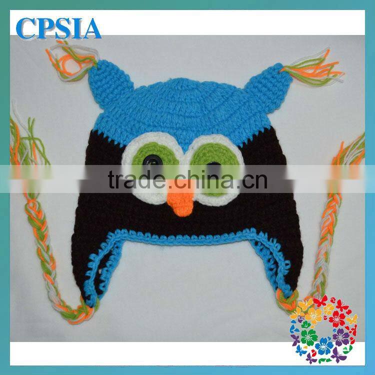Blue Owl Hat Earflap Beanie Cap Girl Braided Crochet baby owl hat