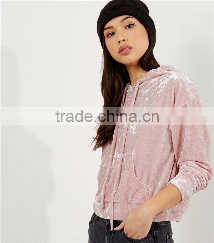 MGOO Women Plain Shell Pink Velvet Cropped Hoodie With Drawstrings Front Pocket Fitness Pullover