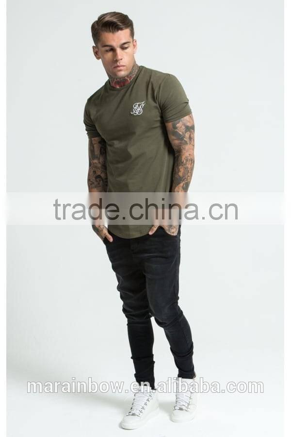 Hot Sale Streetwear Khaki 95% Cotton 5% Elastane Short Sleeve Curved Hem T Shirt OEM Gym Fitted Longline T Shirt