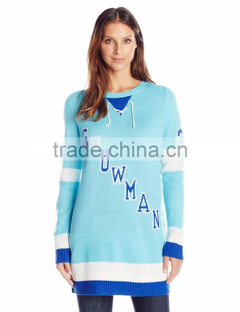 Women Light Blue Sweater Snowman Word Pattern Christmas Sweater Ugly