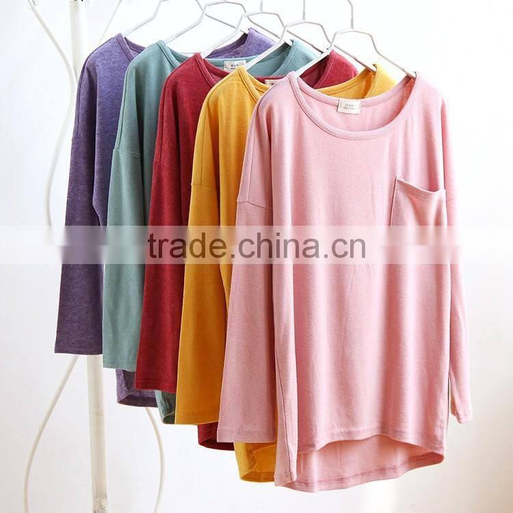 wholesale long sleeve casual women t-shirt with pocket