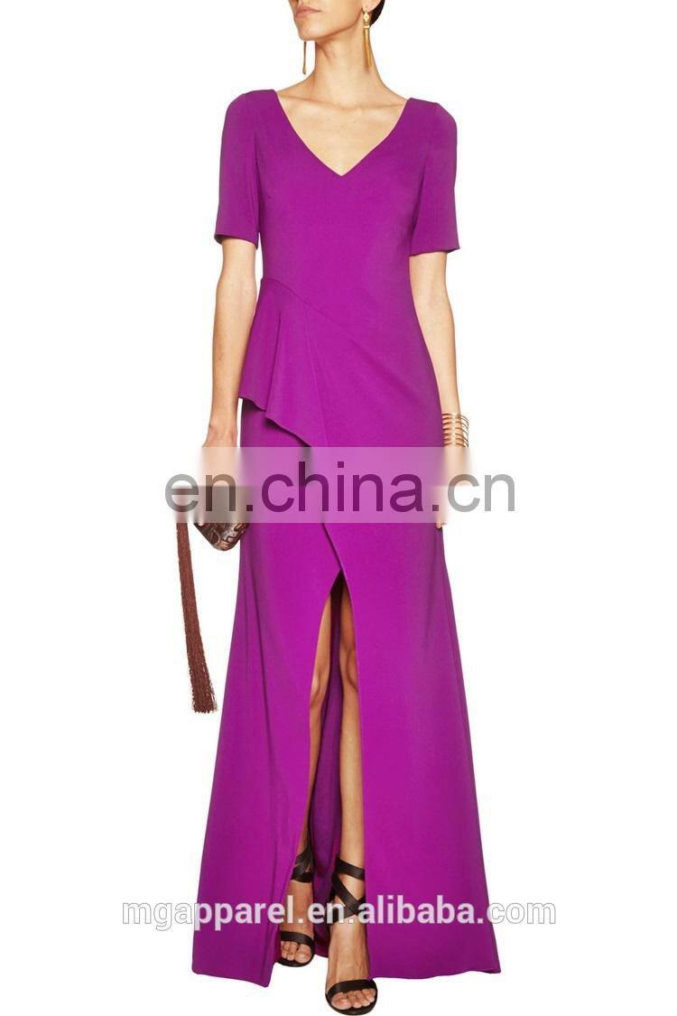 latest fashion purple evening dress front slit purple crepe evening gown, evening dress alibaba china