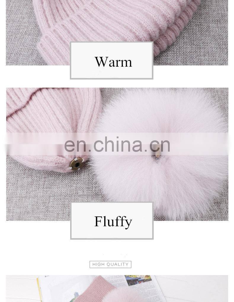 Winter Wool Knitted Beanies Scarf Fox Fur Pompom Knitted Hat Wool
