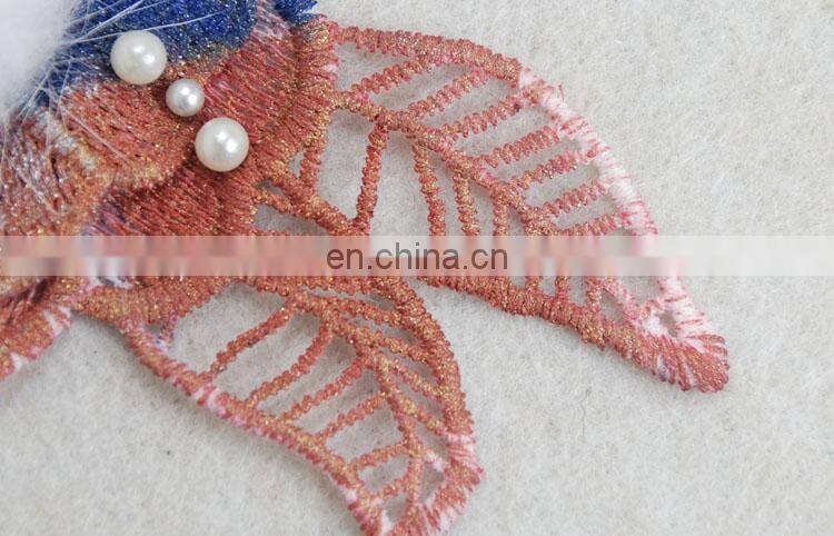 Embroidery flower with pearl and fur pompom applique