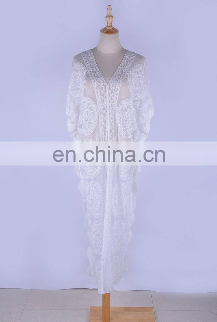 Luxury Long Sea Beach Wrap Dress Elegant Bathing Suit Cover Up White Lace Tunic Beach Sarong Plage Robe Kaftan Women Tunika